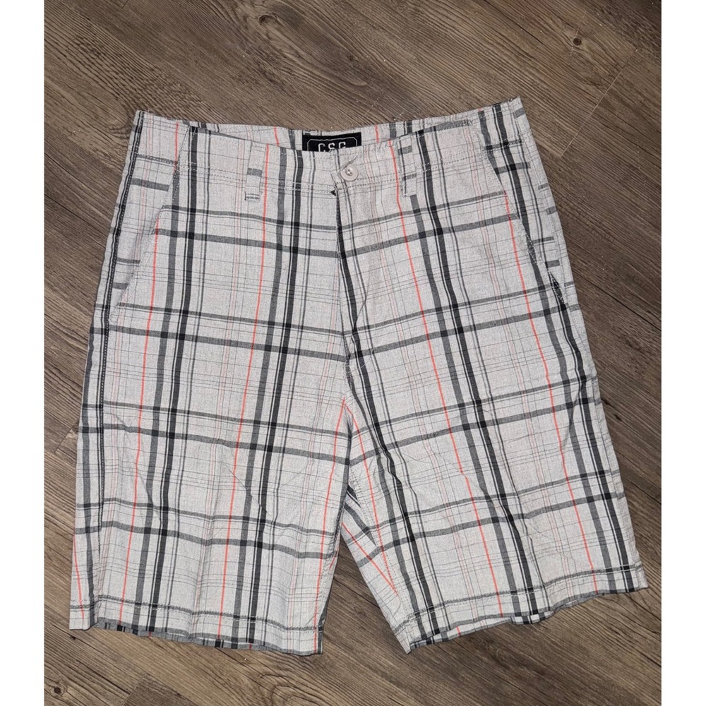 CSG Champs Sports Gear Mens Plaid Shorts Gray Black Orange Size 34 Flat Front